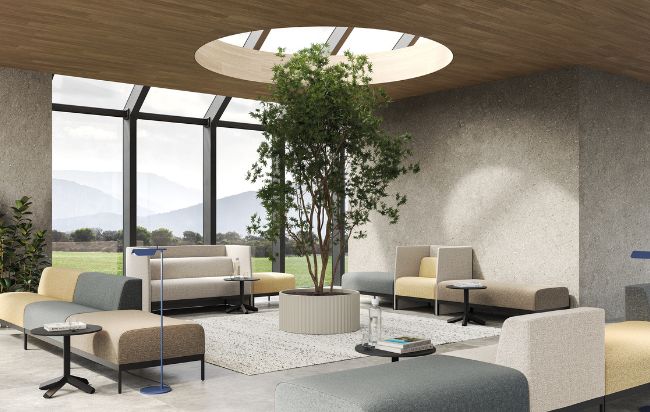 salle d'attente lumineuse et bien aménagée avec des assises confortables